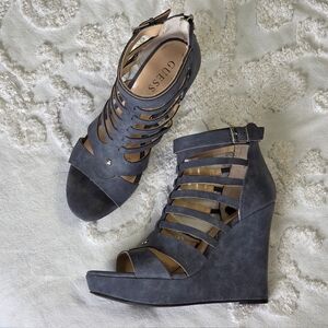 Guess Grey Blue Caged Platform Wedge Sandals Strappy Heels Sz 8.5 Boho Chic